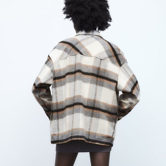 ZARA Beige Plaid Button Down Shacket L - Picture 3 of 7